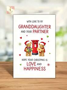 Adorable Festive Christmas Card For Granddaughter And Partner | "With Love To My Granddaughter And Your Partner" Featuring Teddy Bear, Red Mailbox, And Festive Decorations - A Thankful Seasonal Greeting - One Size Fits All - View 3