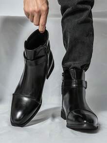 ZCZ Men Cap‑Toe Buckle Ankle Boots, Side Zip Pointed Toe Low Heel Vintage Business Casual Short Boots - Black - View 4