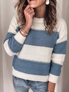 Plus Size Women's Blue & White Horizontal Striped Round Neck Knitted Sweater, Hollow-Out Mesh Knit Long Sleeve Loose Pullover, Beige & Misty Blue Contrast Color Ribbed Cuffs, Casual Commute Inner Layer Or Outer Top For Spring & Autumn - Blue - View 3