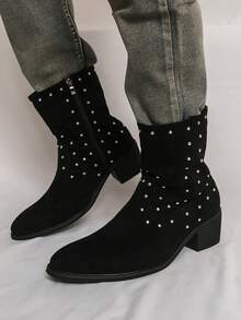 Men's Western Cowboy Boots, Round Toe, Black Suede-Like Fabric Upper, Rhinestone Decor, Side Zipper, Chunky Heel, Boots For Party, Daily Casual Wear - Black - View 7