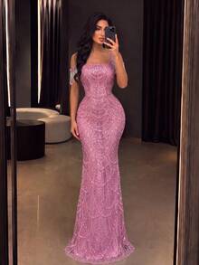 Luxury Sparkling Beaded Evening Gown - Mermaid Silhouette, Square Neckline Design Wedding Party Fall - Baby Pink - View 8