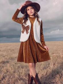 Tween Girls Tween Girl Autumn/Winter Dress Set, 2pcs Halloween Christmas Outfit, Brown Coffee Color Fuzzy Vest Jacket With Bowknot, Sweet Fashion Streetwear Matching Set - Multicolor - View 8