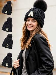 1 Pc Customizable A-Z Letter Black Cable Knit Pom Pom Beanie For Women Men, Stylish Cuffed Beanie For Outdoor, Concert, Daily Autumn Winter Wear - Black - View 1