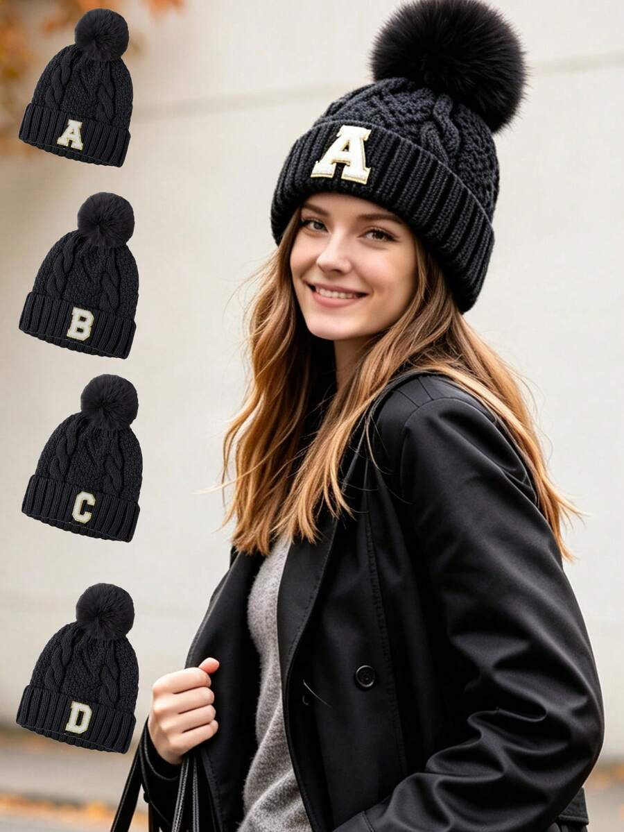 1 Pc Customizable A-Z Letter Black Cable Knit Pom Pom Beanie For Women Men, Stylish Cuffed Beanie For Outdoor, Concert, Daily Autumn Winter Wear - Black - View 1