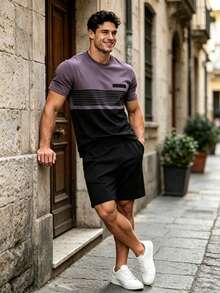 2pcs/Set Men's Khaki And Black Contrast Design Round Neck Short Sleeve Top And Matching Black Shorts, 100% Polyester Lightweight Breathable Fabric, Fashionable Sports Outfit Suitable For Summer - Multicolor - View 1