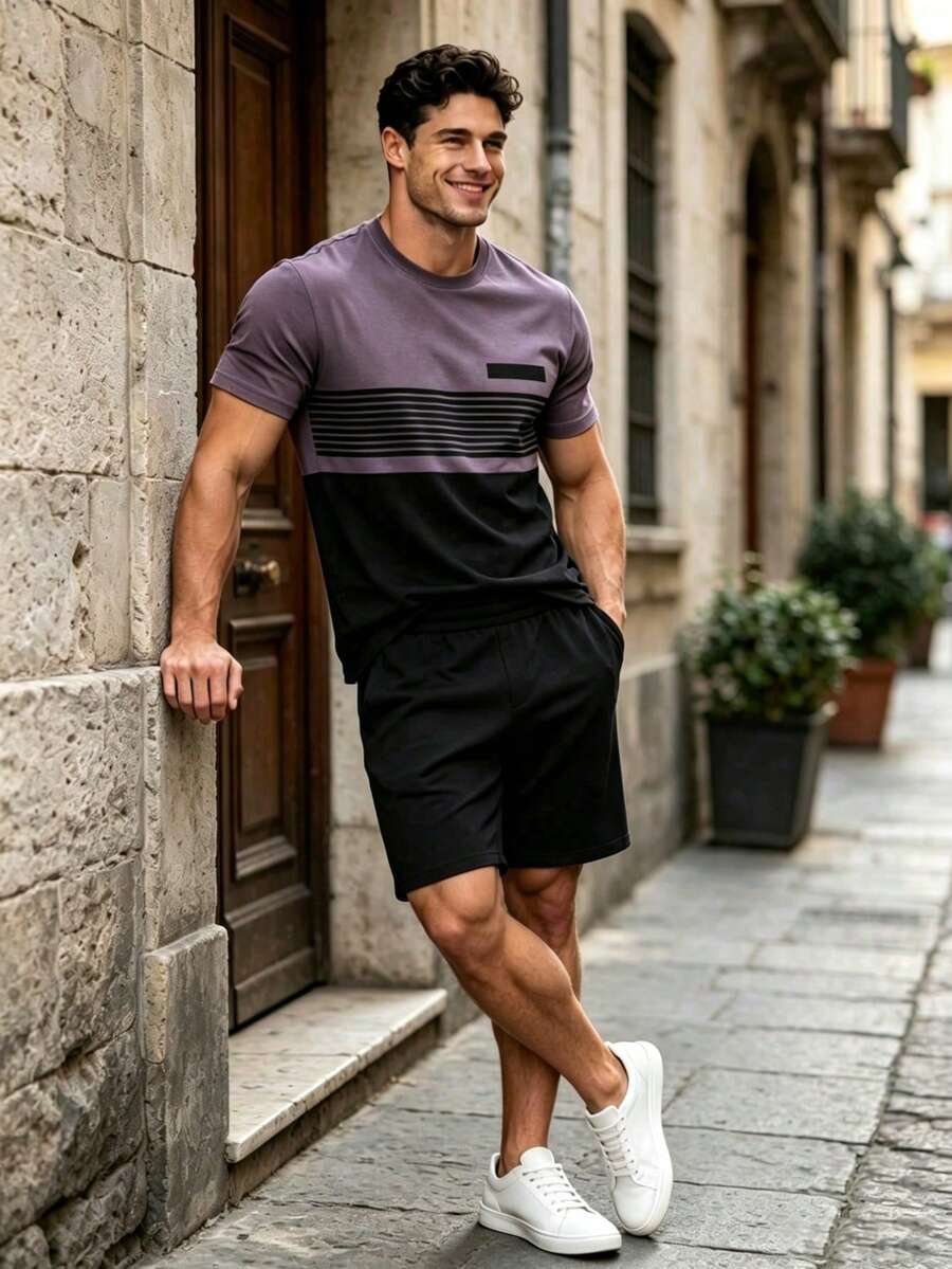 2pcs/Set Men's Khaki And Black Contrast Design Round Neck Short Sleeve Top And Matching Black Shorts, 100% Polyester Lightweight Breathable Fabric, Fashionable Sports Outfit Suitable For Summer - Multicolor - View 1
