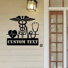 1pc Personalized Doctor Medical Sign - Customized Name/Title, Stethoscope And Heart Design Metal Plaque, Medical Office Wall Decor With Stethoscope And ECG Heartbeat Metal Wall Decoration, Home Decor - Black - View 3