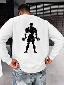 Vintage Bodybuilder Silhouette Print Crew Neck Sweatshirt, Men's Long Sleeve Loose Fit Pullover Sports White Sweatshirt - White - View 2