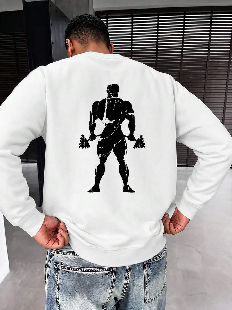 Vintage Bodybuilder Silhouette Print Crew Neck Sweatshirt, Men's Long Sleeve Loose Fit Pullover Sports White Sweatshirt