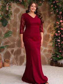 Women's Plus Size Elegant V-Neck Evening Gown, Suitable For Wedding Guest, Mother Of The Bride, Graduation Party, Christmas And Thanksgiving - Burgundy - View 5