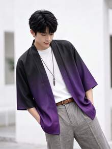 男士和服風開襟衫休閒襯衫,漸層色夾克上衣,可機洗,易打理,舒適面料 - 紫色 - 查看 6