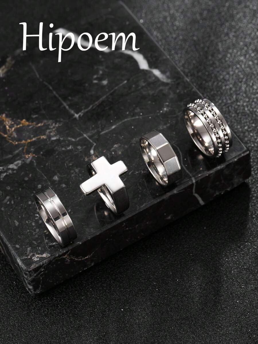 Hipoem 4pcs Fashion Stainless Steel Men's Ring Set With Cross & Round Bead Rotating Elements, Suitable For Daily Wear & Halloween Atmosphere Accessories - Silver - View 1