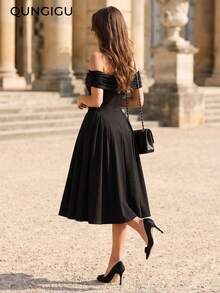 Women Off Shoulder Midi Dress Flared Hem Elegant Fall Apparel For Cocktail Party Evening Outfits - Black - View 4