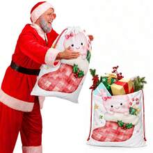 2pcs Double-Sided Printed Drawstring Christmas Gift Bags, Plaid Christmas Socks, Candy Cane And Gift Box Pattern, Sweet Cartoon Holiday Gift Packaging Bags, Large Drawstring Storage Bags, Suitable For Candy, Clothing Packaging And Christmas Party Gift Exchange - Multicolor - View 8