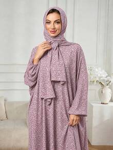 Women's Ditsy Floral Abaya Set With Hooded Hijab, Long Loose Ramadan Robe, Suitable For Ramadan And Eid Prayer - Pink - View 5