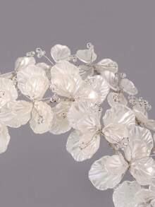 Bridal Hair Accessory White Satin Petal Baby's Breath Crystal Bead Ethereal Full Wedding Floral Crown With Hair Comb - Silver - View 7
