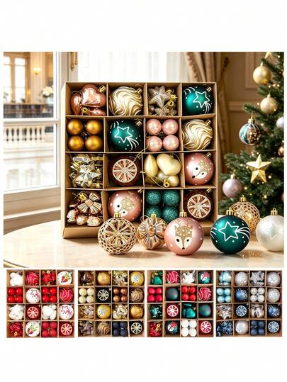 64pcs/Set Christmas Hanging Balls, Multiple Styles Christmas Ball Decorations, Christmas Balls For Holiday Christmas Tree Decoration, Indoor Decoration Hanging Ornaments, Holiday Decoration, Home Decor, Theme Party Decoration, Christmas Decoration, Christmas Balls