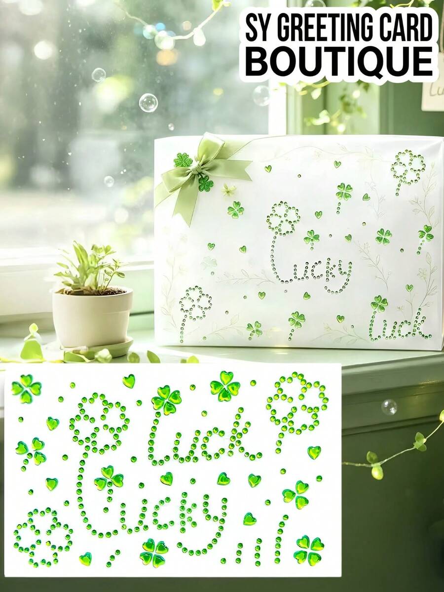 1pc/2pcs Green Four-Leaf Clover Rhinestone Decorative Stickers, 3D Rhinestone Texture, Clover & Heart Pattern, Independent Sticker Design, Self-Adhesive Backing For Easy Application, Suitable For Holiday Gift Packaging, Greeting Card Decoration, And Various Hard Surface Ornament Decoration - Decorative Stickers - View 1