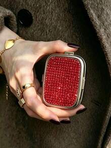 Sparkling Rhinestone Jewelry Storage Box, 2-Compartment Mini Portable Pill Box, Mini Jewelry Box With Mirror, Portable Travel Jewelry Organizer, Women's Ring And Earring Storage Box, Fits In Wallet Or Pocket, Suitable For Travel, School, Holiday Gift, Birthday Gift - Multicolor - View 3