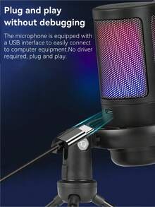 1pc USB Plug RGB Gaming Condenser Microphone, Plug And Play Computer Microphone With Noise Reduction, One-Key Mute, Echo Volume Control, Rotary Gain Knob, Suitable For Live Streaming, Podcast, Video, Gaming Voice - Black - View 6