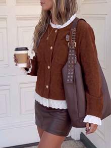 Women's Brown Corduroy Front Button Jacket, Hollow Lace Ruffle Long Sleeve Woven Outerwear, Suitable For Autumn/Winter - Brown - View 5