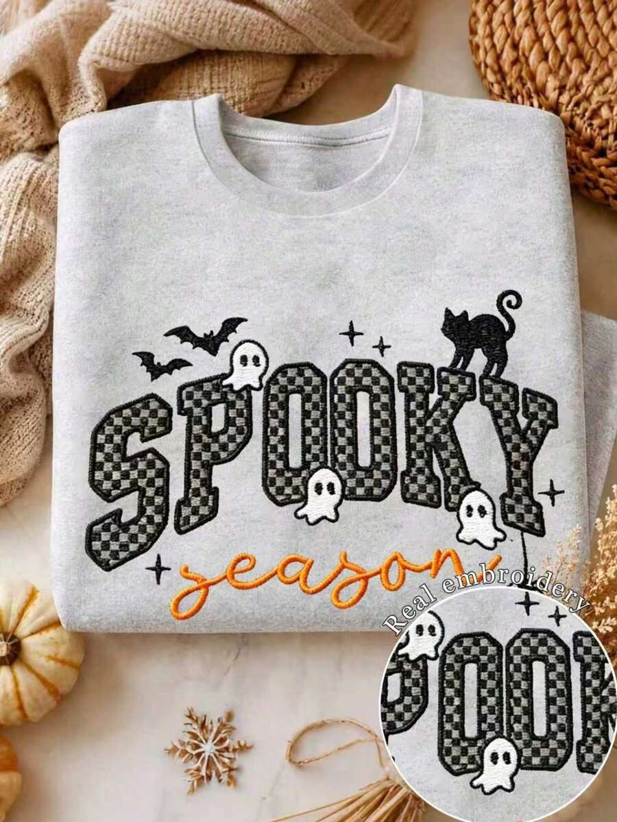 Embroidered Spooky Season Halloween Fashion Sweatshirt, Women's Drop Shoulder Casual Crew Neck Long Sleeve Sweatshirt - Light Grey - View 1