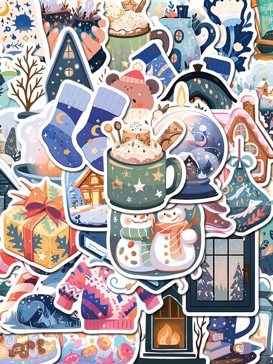 50pcs Cute Winter Small Items Cartoon Graffiti Stickers, DIY Notebook, Mobile Phones And Computers Decorative Waterproof Stickers - Multicolor - View 1