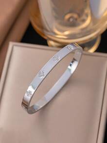 RAYQUEEN 3pcs Stainless Steel Rhinestone Flower Bracelet & Bangle Set, Fashionable Versatile Jewelry, Suitable For Holiday Gifts - Silver - View 2