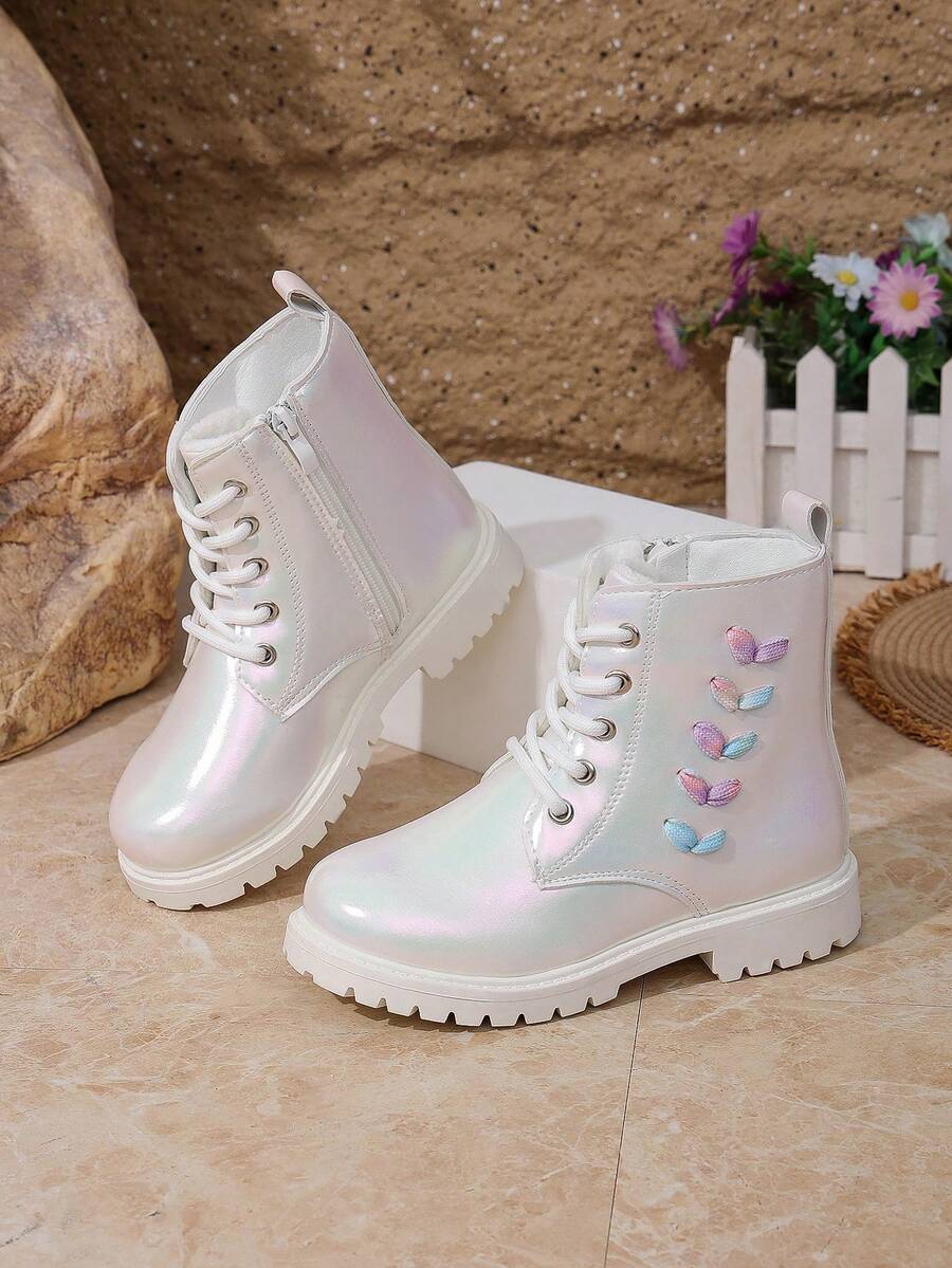 Girls' Colorful Pearlescent Boots, Autumn/Winter Thermal Lined Cute Embroidered Leaf Side Zipper Non-Slip Princess Ankle Boots - Beige - View 1