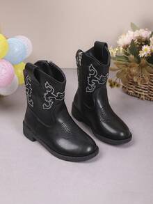 Children's Fashion Casual Western Cowboy Boots, Simple Solid Color Design, Vintage Boots, Autumn/Winter Riding Ankle Boots - Black - View 3