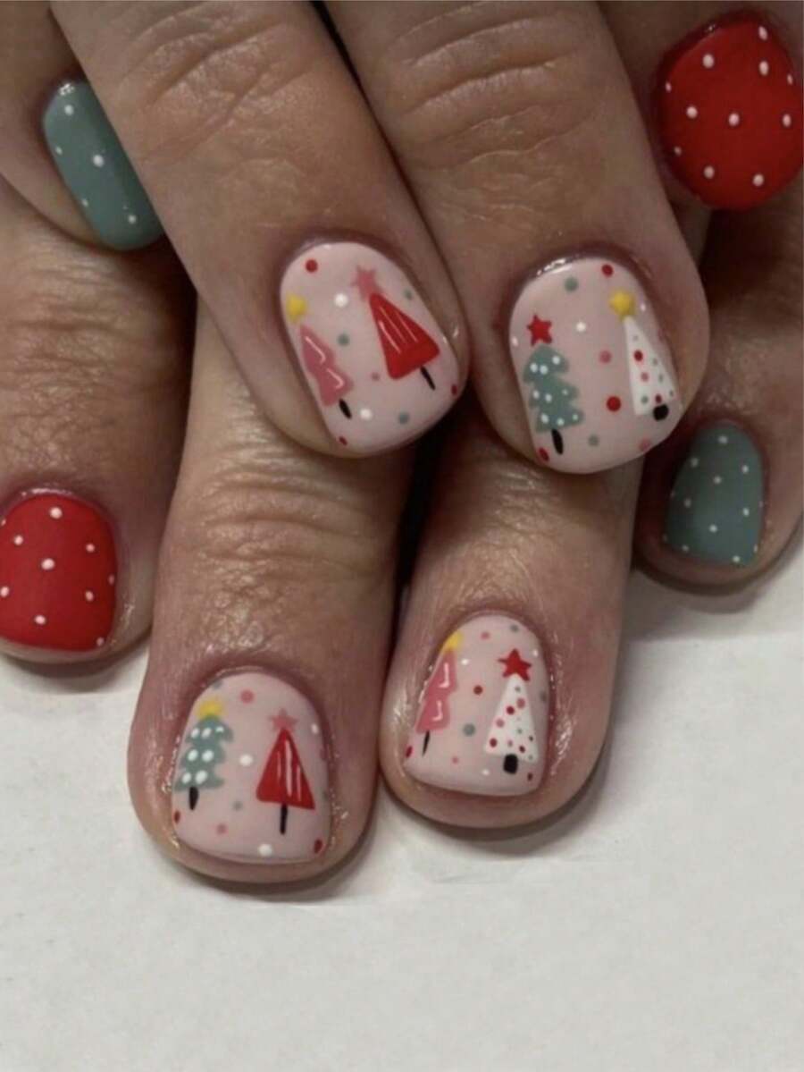 24pcs Short Square Christmas Press-On Nails, Snowflake, Santa Claus, Snowman, Christmas Tree Pattern Fake Nails, With Jelly Glue And Nail File, Suitable For Women's Daily, Party, Holiday Use - Multicolor - View 1