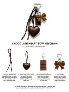 Cute Heart-Shaped Leather Keychain With Faux Chocolate And Bow Design, Braided Rope Bag Charm, Y2K Retro Style Key And Bag Accessory - Multicolor - View 8