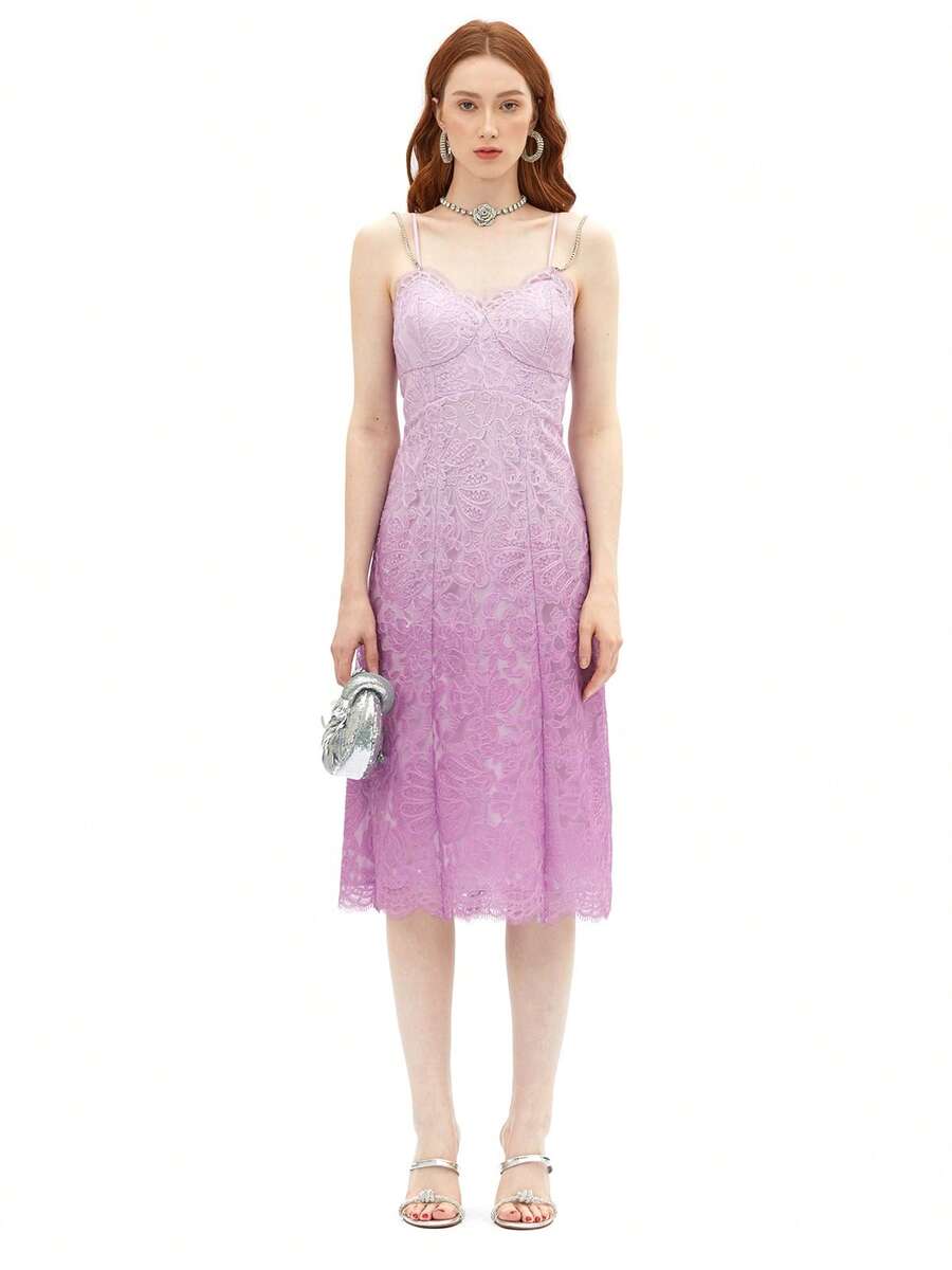 Rich Radi Q's Elegant Women's Purple Lace Midi Dress, Sleeveless Spaghetti Strap Fitted Dress, Contrast Embroidery Detail, Suitable For Formal Occasions - Pink - View 1