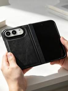 Retro Vintage Premium Crazy Horse Leather Phone Case Compatible With IPhone Duo Fold Full-Body Shockproof Protective Cover Business Style - Black - View 2