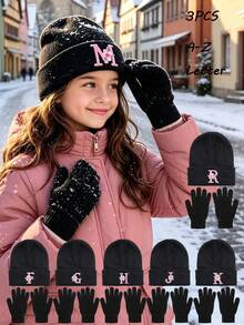 3pcs/Set Kids Girls Knitted Hat And Gloves Set, Flower A-Z Letter ...
