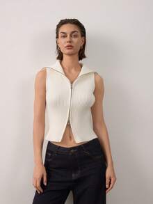 Women's Casual Fashionable Daily Commute Zip-Up Lapel Ribbed Knit Vest Top White Summer - White - View 8