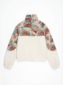 Women's Winter Floral Cat Print Half-Zip Fleece Jacket, Beige, Comfortable Regular Sleeve Short Woven Jacket, Suitable For Autumn Wear, Woven Fabric 270g - Beige - View 2