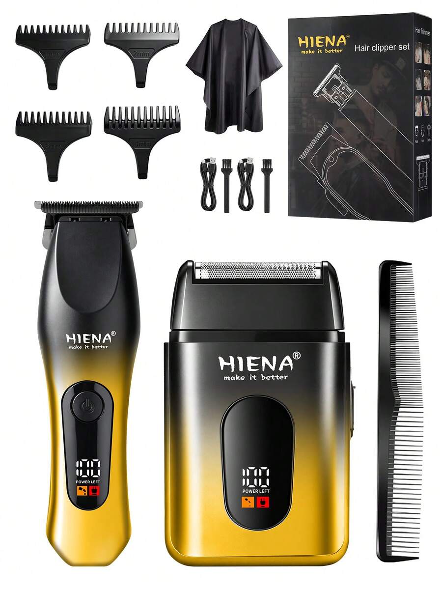 HIENA 男士電動理髮器與刮鬍刀套組,無線理髮器 + 往復式刮鬍刀,適用於雕刻、修剪、面部刮鬍,USB 快充,LED 顯示,居家禮物,節日禮物 - 黑金 - 查看 1