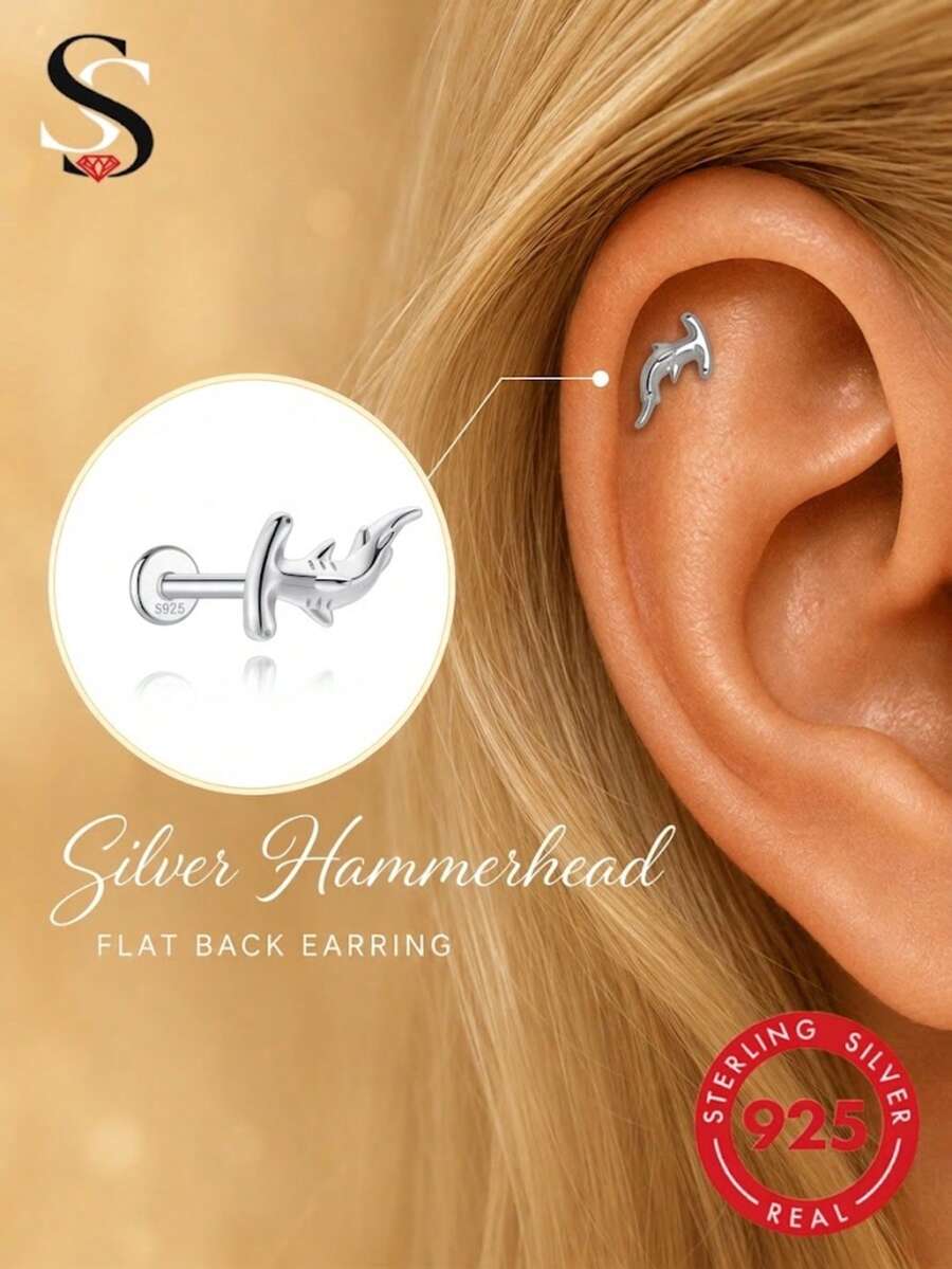 SereneSpark 1PC S925 Sterling Silver Cute Smooth Mini Shark Ocean Animal Stud Earring Piercings Flat Back Internal Thread For Women Girl Daily Wear Gift - Shark - View 1