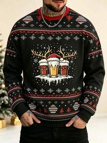 Men's Christmas Beer Print Comfortable Pullover Pullover Sweatshirt, Spring/Autumn - متعدد الألوان - مشاهدة 3