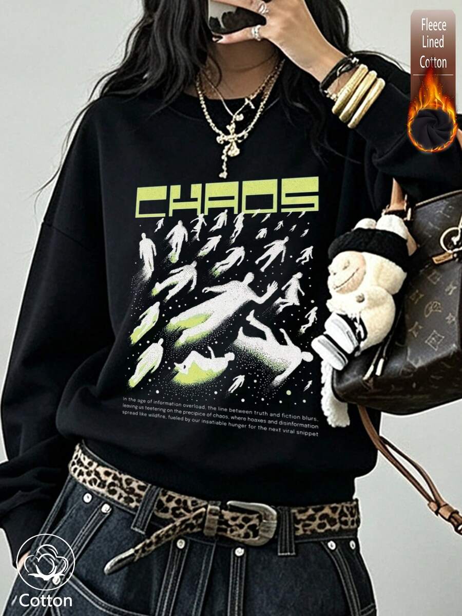 Streetwear Crewneck Sweatshirt With Neon Green Letter & Abstract Figure Print,Pullover For Autumn Winter Daily Wear, Bold Fashion Statement Piece - Black - View 1