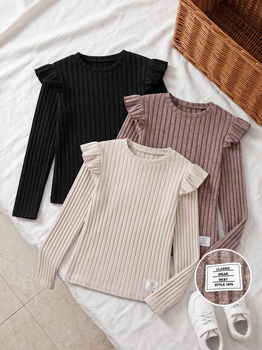 Tween Girls Tween Girl Autumn Winter Set Apricot Brown Black Flutter Sleeve Ruffle Trim Cute Casual Versatile All-Match Ribbed Knit Fitted Long Sleeve Base Layer T-Shirt Tops 3pcs - Multicolor - View 1