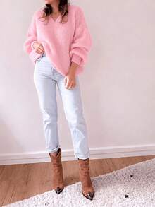 Women's Oversized Pink Fuzzy Knit Sweater | Casual Loose Crewneck Pullover Tops | Soft Warm Chunky Balloon Sleeve Knitwear For Fall Winter - Pink - View 6
