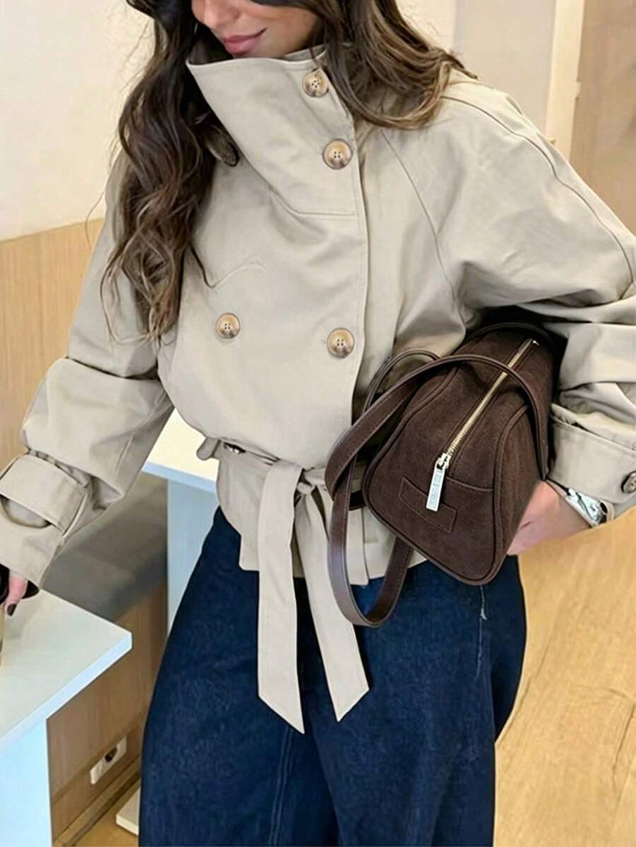 Women's Fashion Double-Breasted Lapel Trench Coat, Loose Drop Shoulder Sleeve Tie Waist Design, Spring/Autumn Essential - Light Khaki - View 1