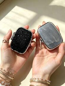 Sparkling Rhinestone Jewelry Storage Box, 2-Compartment Mini Portable Pill Box, Mini Jewelry Box With Mirror, Portable Travel Jewelry Organizer, Women's Ring And Earring Storage Box, Fits In Wallet Or Pocket, Suitable For Travel, School, Holiday Gift, Birthday Gift - Multicolor - View 4