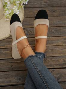 Women's New Single Strap Vintage Minimalist Versatile All-Season Shoes - Beige + Black - View 3