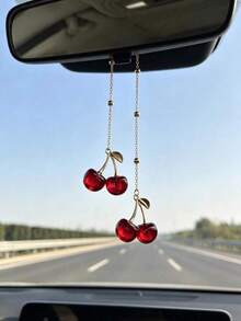 Car Cherry Decorative Hanging Ornament, Alloy Fruit Cherry Rearview Mirror Decoration, Premium Car Interior Decor - A - View 4