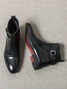 ZCZ Men Cap‑Toe Buckle Ankle Boots, Side Zip Pointed Toe Low Heel Vintage Business Casual Short Boots - Black - View 3