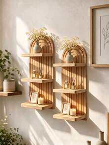1pc/2pcs Bohemian Wave Pattern Wooden Wall Frame Set, Rainbow Arch Farmhouse Style Wall Shelf, Multi-Functional Wall Mounted Outdoor Rack, Easy Installation, Suitable For All Seasons, Living Room Wooden Wall Hanging Storage Shelf - Suitable For Living Room Home Decor, Bathroom Decor, Bedroom Decor, Dressing Room Decor, Ramadan Decor, Christmas Decor, Autumn Home Decor - Apricot - View 2