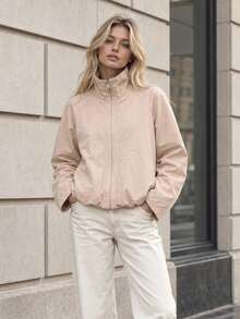 Women's Autumn Stand Collar Zipper Long Sleeve Casual Short Jacket - Pink - View 8